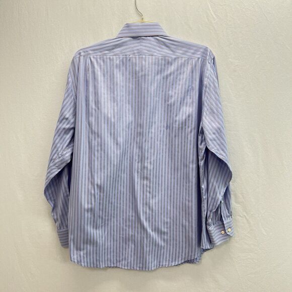 Peter Millar Nanoluxe Button Down Shirt Men 17.5 Long Blue Striped Easycare - Picture 7 of 12